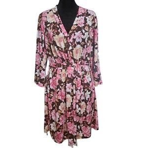 Laura Ashley Floral Print Pink Brown Long Sleeve Sleep Lounge Robe Size Medium